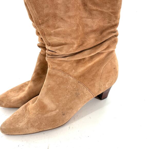 Splendid Slouchy Suede Boots 7.5 Tan Heel Glam Western Mid Calf Prep Academia - Picture 5 of 7
